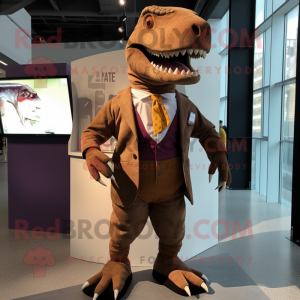 Brown T Rex mascot costume character dressed with a A-Line Skirt and Pocket squares