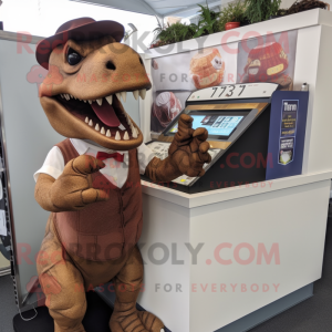 Brown T Rex mascot costume character dressed with a A-Line Skirt and Pocket squares
