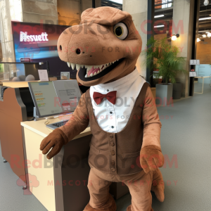 Brown T Rex mascot costume character dressed with a A-Line Skirt and Pocket squares