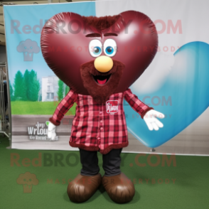Maroon Heart Shaped Balloons mascot costume character dressed with a Flannel Shirt and Shoe laces