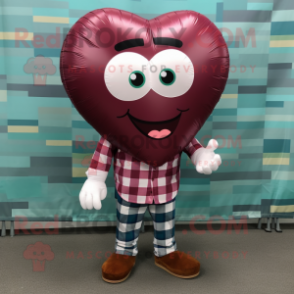 Maroon Heart Shaped Balloons mascot costume character dressed with a Flannel Shirt and Shoe laces