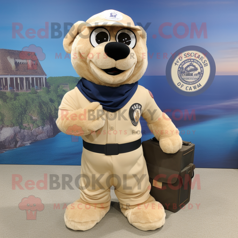 Beige Navy Seal mascot costume character dressed with a Wrap Skirt and Messenger bags