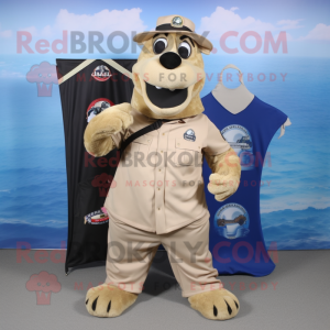 Beige Navy Seal mascot costume character dressed with a Wrap Skirt and Messenger bags