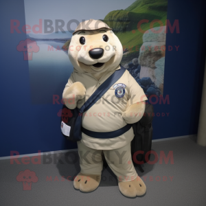 Beige Navy Seal mascot costume character dressed with a Wrap Skirt and Messenger bags