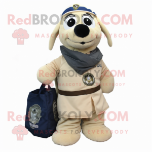 Beige Navy Seal mascot costume character dressed with a Wrap Skirt and Messenger bags