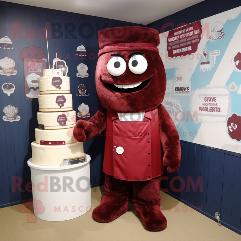 Maroon Wedding Cake mascot costume character dressed with a Dungarees and Cummerbunds
