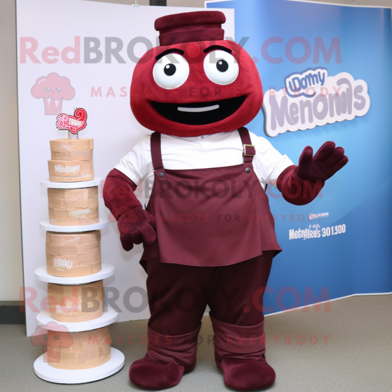 Maroon Wedding Cake mascot costume character dressed with a Dungarees and Cummerbunds
