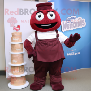 Maroon Wedding Cake mascot costume character dressed with a Dungarees and Cummerbunds