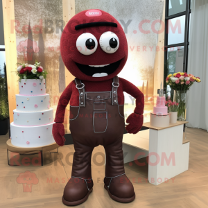 Maroon Wedding Cake mascot costume character dressed with a Dungarees and Cummerbunds