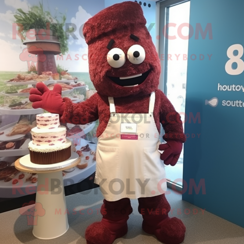 Maroon Wedding Cake mascot costume character dressed with a Dungarees and Cummerbunds Maroon Wedding Cake mascot costume character dressed with a Dungarees and Cummerbunds