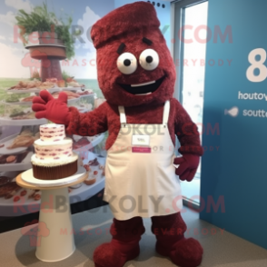 Maroon Wedding Cake mascot costume character dressed with a Dungarees and Cummerbunds