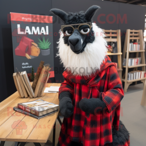 Black Llama mascot costume character dressed with a Flannel Shirt and Reading glasses