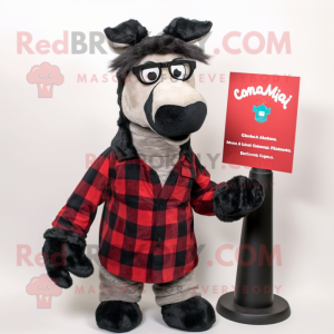 Black Llama mascot costume character dressed with a Flannel Shirt and Reading glasses