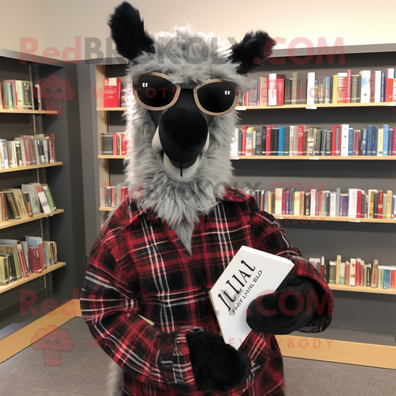 Black Llama mascot costume character dressed with a Flannel Shirt and Reading glasses