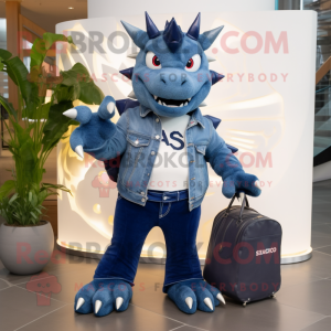 Navy Stegosaurus mascot costume character dressed with a Boyfriend Jeans and Handbags