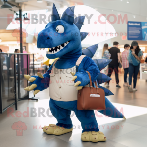 Navy Stegosaurus mascot costume character dressed with a Boyfriend Jeans and Handbags