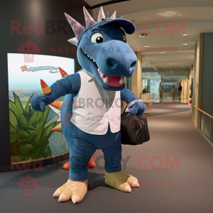 Navy Stegosaurus mascot costume character dressed with a Boyfriend Jeans and Handbags