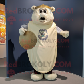 Cream Celtic Shield mascot costume character dressed with a Waistcoat and Hairpins