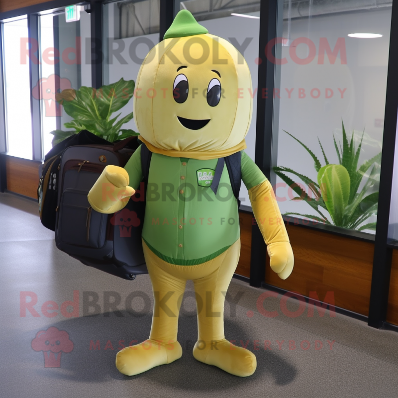 Gold Green Bean mascot costume character dressed with a Jeggings and Backpacks