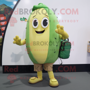Gold Green Bean mascot costume character dressed with a Jeggings and Backpacks
