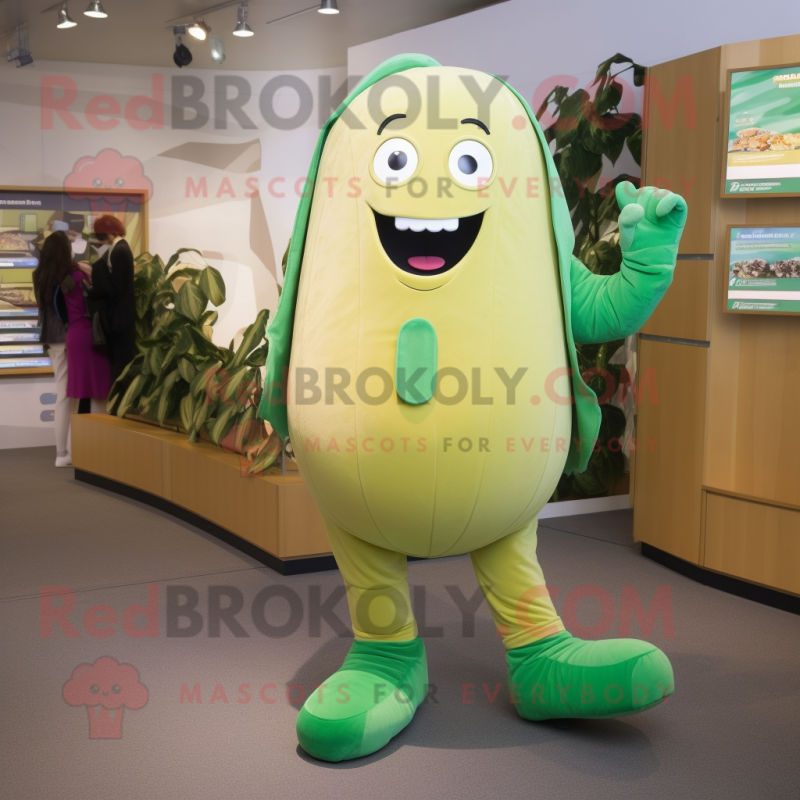 Gold Green Bean mascot costume character dressed with a Jeggings and Backpacks