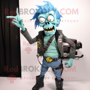 Cyan Zombie mascot costume character dressed with a Biker Jacket and Messenger bags