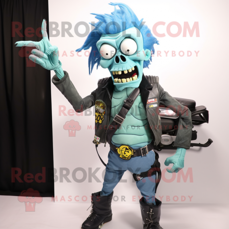 Cyan Zombie mascot costume character dressed with a Biker Jacket and Messenger bags Cyan Zombie mascot costume character dressed with a Biker Jacket and Messenger bags