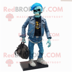 Cyan Zombie mascot costume character dressed with a Biker Jacket and Messenger bags