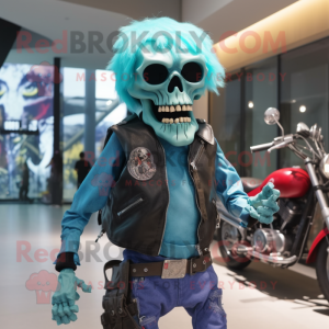 Cyan Zombie mascot costume character dressed with a Biker Jacket and Messenger bags