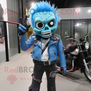 Cyan Zombie mascot costume character dressed with a Biker Jacket and Messenger bags