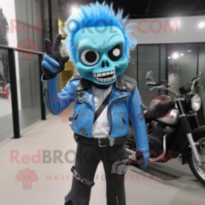 Cyan Zombie mascot costume character dressed with a Biker Jacket and Messenger bags