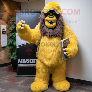 Yellow Sasquatch mascot costume character dressed with a Suit and Hat pins