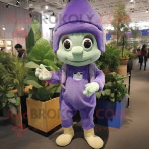 Lavender Spinach mascot costume character dressed with a Overalls and Shoe laces