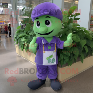 Lavender Spinach mascot costume character dressed with a Overalls and Shoe laces