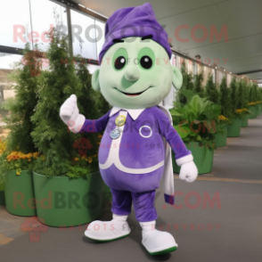 Lavender Spinach mascot costume character dressed with a Overalls and Shoe laces