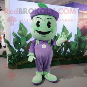 Lavender Spinach mascot costume character dressed with a Overalls and Shoe laces