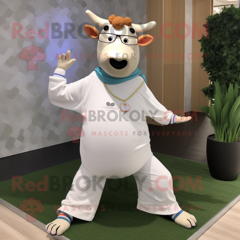 Cream Cow mascot costume character dressed with a Yoga Pants and Eyeglasses