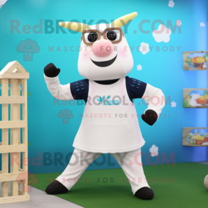 Cream Cow mascot costume character dressed with a Yoga Pants and Eyeglasses