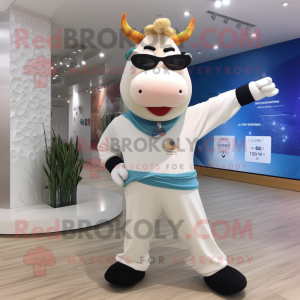 Cream Cow mascot costume character dressed with a Yoga Pants and Eyeglasses