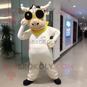 Cream Cow mascot costume character dressed with a Yoga Pants and Eyeglasses
