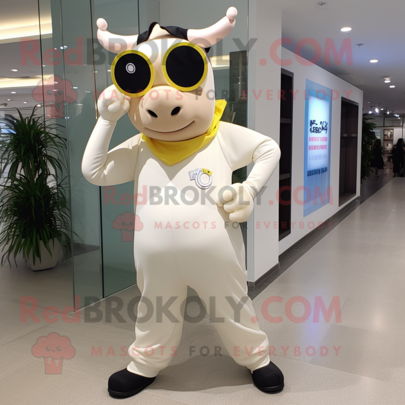 Cream Cow mascot costume character dressed with a Yoga Pants and Eyeglasses Cream Cow mascot costume character dressed with a Yoga Pants and Eyeglasses