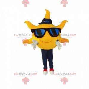 Mascotte van de zon, met zonnebril en een pet - Redbrokoly.com
