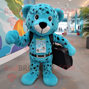 Turquoise Jaguar mascot costume character dressed with a Romper and Messenger bags