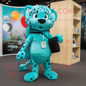 Turquoise Jaguar mascot costume character dressed with a Romper and Messenger bags