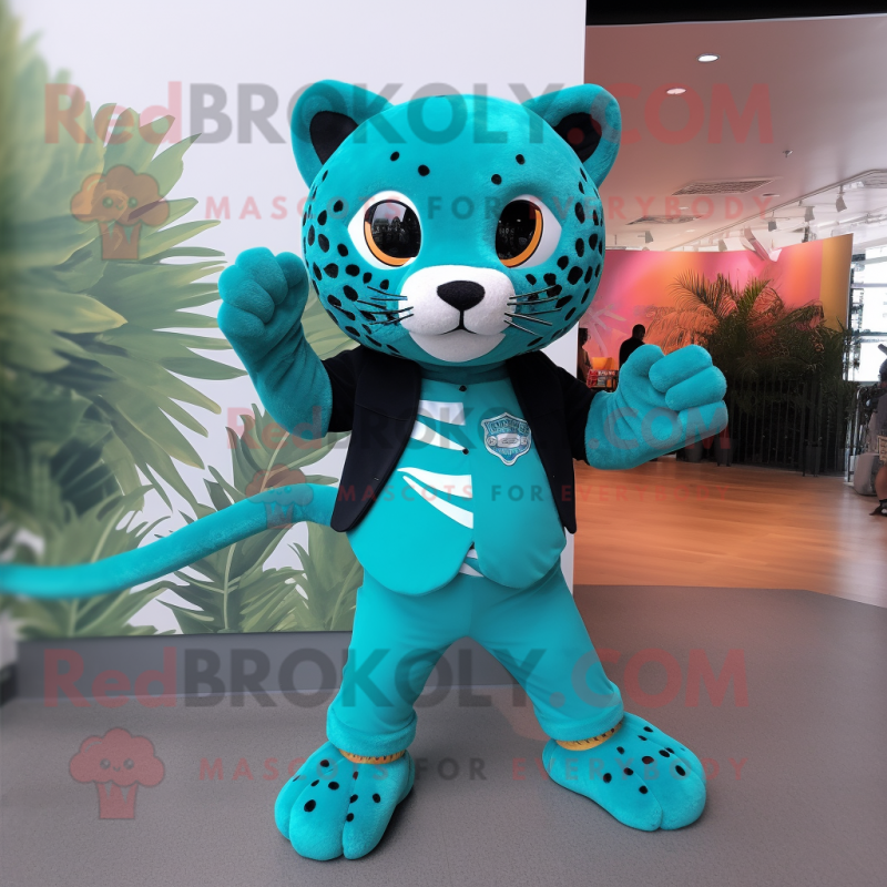 Turquoise Jaguar mascot costume character dressed with a Romper and Messenger bags