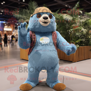 Sky Blue Giant Sloth mascot costume character dressed with a Denim Shorts and Headbands