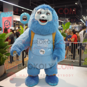 Sky Blue Giant Sloth mascot costume character dressed with a Denim Shorts and Headbands