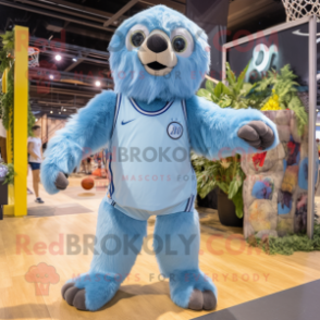 Sky Blue Giant Sloth mascot costume character dressed with a Denim Shorts and Headbands