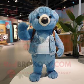 Sky Blue Giant Sloth mascot costume character dressed with a Denim Shorts and Headbands