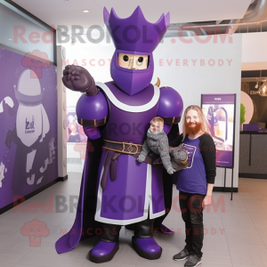 Purple Medieval Knight mascot costume character dressed with a Ball Gown and Berets